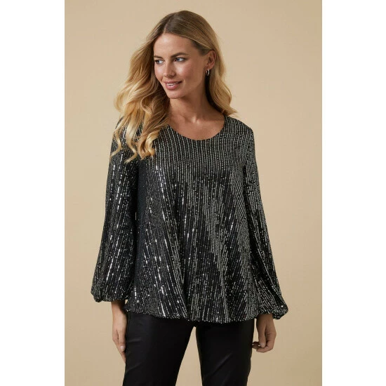 Wallis Petite Sequin Scoop Neck Balloon Sleeve Top For Female 3 Wallis Petite Sequin Scoop Neck Balloon Sleeve Top For Female