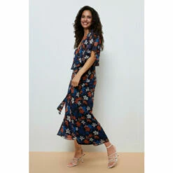 Wallis Tall Navy Floral Angel Sleeve Dress For Female