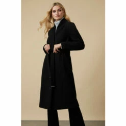 Wallis Black Smart Belted Collarless Wrap Coat For Female