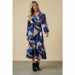 Wallis Petite Blue Geo Wrap Midi Dress For Female