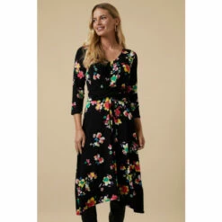 Wallis Petite Black Floral Twist Front Dress For Female