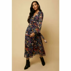 Wallis Petite Glitter Stripe Floral Wrap Midi Dress For Female