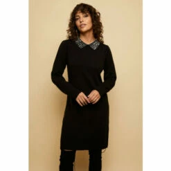 Wallis Tall Black Pearl Embellished Collar Knitted Dress For Female