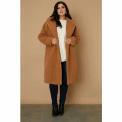 Wallis Curve Tan Teddy Faux Fur Midi Coat For Female