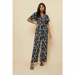 Wallis Mono Abstract Twist Angel Sleeve Jumpsuit For Female