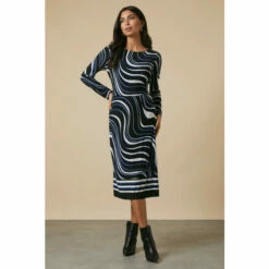 Wallis Black Swirl Border Tie Waist Jersey Dress For Female