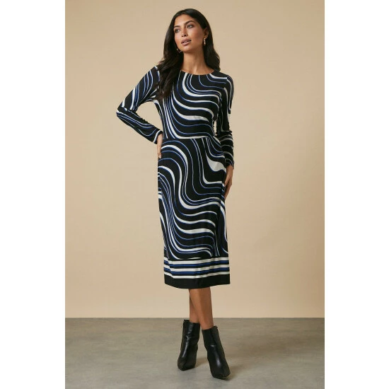 Wallis Black Swirl Border Tie Waist Jersey Dress For Female 3 Wallis Black Swirl Border Tie Waist Jersey Dress For Female