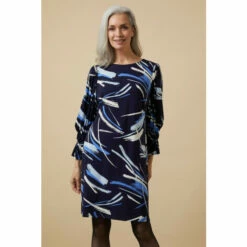 Wallis Blue Brushstroke Flute Sleeve Jersey Shift Dress For Female
