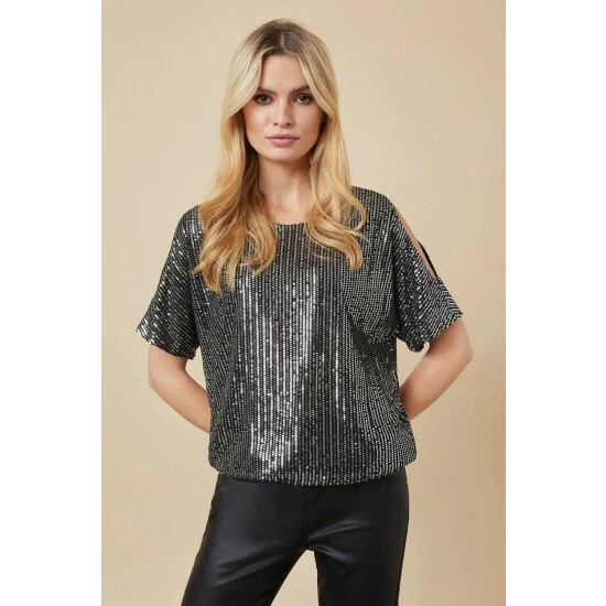 Wallis Sequin Cold Shoulder Top For Female 3 Wallis Sequin Cold Shoulder Top For Female