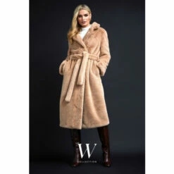 Wallis Camel Faux Fur Wrap Belted Midi Coat For Female