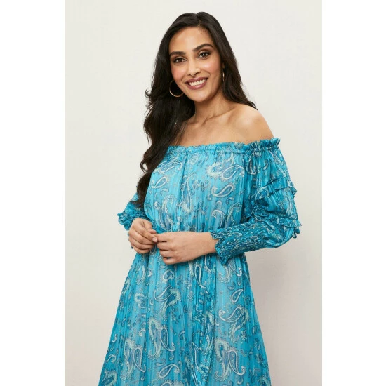 Wallis Petite Teal Paisley Off Shoulder Dress For Female 4 Wallis Petite Teal Paisley Off Shoulder Dress For Female - Image 2
