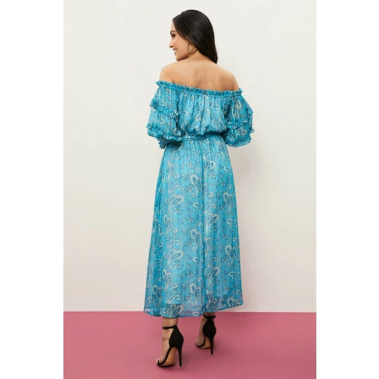 Wallis Petite Teal Paisley Off Shoulder Dress For Female 5 Wallis Petite Teal Paisley Off Shoulder Dress For Female - Image 3