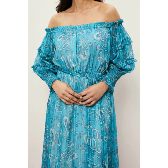 Wallis Petite Teal Paisley Off Shoulder Dress For Female 6 Wallis Petite Teal Paisley Off Shoulder Dress For Female - Image 4