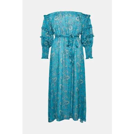 Wallis Petite Teal Paisley Off Shoulder Dress For Female 7 Wallis Petite Teal Paisley Off Shoulder Dress For Female - Image 5