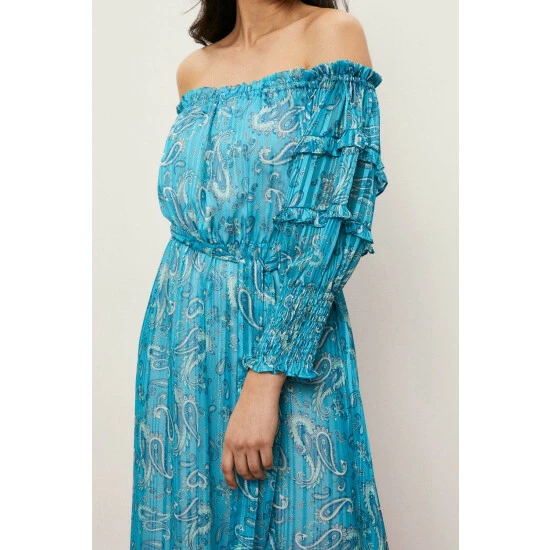 Wallis Petite Teal Paisley Off Shoulder Dress For Female 8 Wallis Petite Teal Paisley Off Shoulder Dress For Female - Image 6