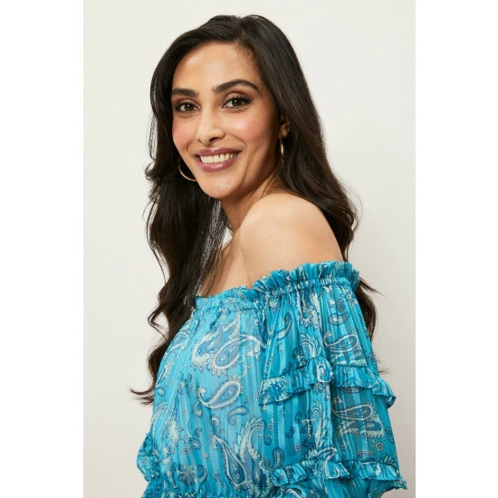 Wallis Petite Teal Paisley Off Shoulder Dress For Female 9 Wallis Petite Teal Paisley Off Shoulder Dress For Female - Image 7