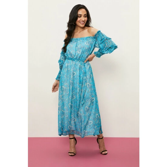 Wallis Petite Teal Paisley Off Shoulder Dress For Female 10 Wallis Petite Teal Paisley Off Shoulder Dress For Female - Image 8