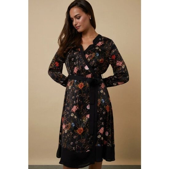 Wallis Black Floral Satin Wrap Dress For Female 4 Wallis Black Floral Satin Wrap Dress For Female - Image 2