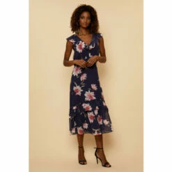 Wallis Tall Navy Floral Ruffle Midi Dress For Female