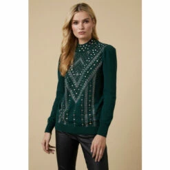 Wallis Green Statement Crystal High Neck Jumper For Female