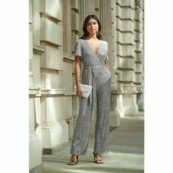 Wallis Grey Sequin Belted Jumpsuit For Female