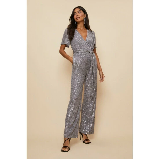 Wallis Grey Sequin Belted Jumpsuit For Female 4 Wallis Grey Sequin Belted Jumpsuit For Female - Image 2