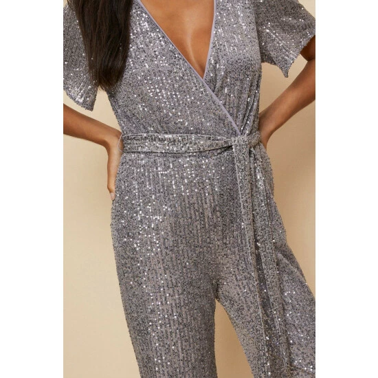 Wallis Grey Sequin Belted Jumpsuit For Female 6 Wallis Grey Sequin Belted Jumpsuit For Female - Image 4