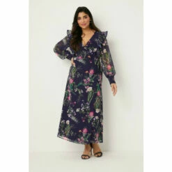 Wallis Petite Navy Floral Ruffle Front Wrap Midi Dress For Female