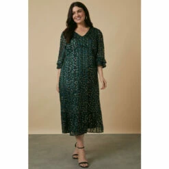 Wallis Curve Metallic Foil Green Animal Ruffle Sleeve Tea Dress For Female