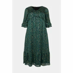 Wallis Curve Metallic Foil Green Animal Ruffle Sleeve Tea Dress For Female -Cheap Wallis Store unnamed file 3453