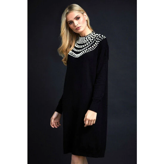 Wallis Pearl Necklace Black High Neck Knitted Dress For Female 4 Wallis Pearl Necklace Black High Neck Knitted Dress For Female - Image 2