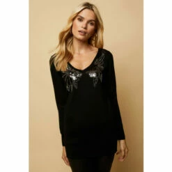 Wallis Leaf Embellishment Black V Neck Jumper For Female