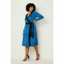 Wallis Curve Blue Animal Jersey Wrap Belted Midi Dress For Female