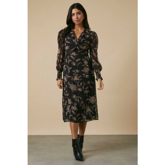 Wallis Brown Floral Twist Front Midi Dress For Female 4 Wallis Brown Floral Twist Front Midi Dress For Female - Image 2