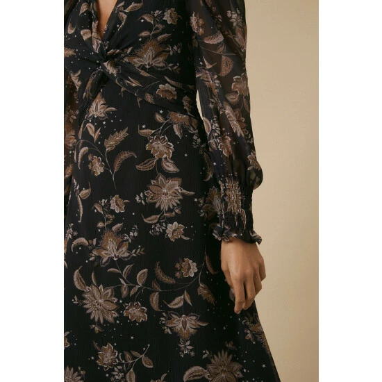 Wallis Brown Floral Twist Front Midi Dress For Female 6 Wallis Brown Floral Twist Front Midi Dress For Female - Image 4