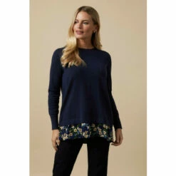 Wallis Petite Navy Floral Woven Back Jumper For Female