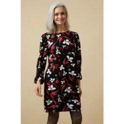 Wallis Black Floral Flute Sleeve Jersey Shift Dress For Female