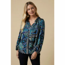 Wallis Petite Teal Paisley Lace Trim Tie Neck Blouse For Female