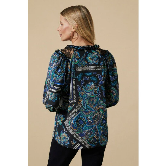 Wallis Petite Teal Paisley Lace Trim Tie Neck Blouse For Female 5 Wallis Petite Teal Paisley Lace Trim Tie Neck Blouse For Female - Image 3