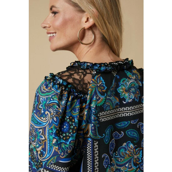 Wallis Petite Teal Paisley Lace Trim Tie Neck Blouse For Female 6 Wallis Petite Teal Paisley Lace Trim Tie Neck Blouse For Female - Image 4