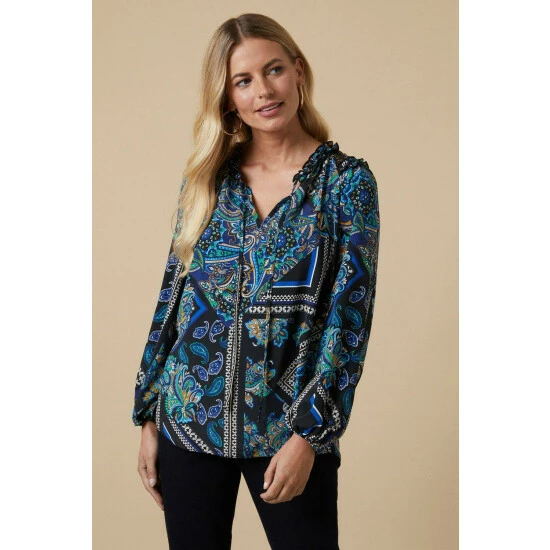 Wallis Petite Teal Paisley Lace Trim Tie Neck Blouse For Female 8 Wallis Petite Teal Paisley Lace Trim Tie Neck Blouse For Female - Image 6