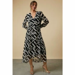 Wallis Tall Mono Geo Blouson Sleeve Wrap Midi Dress For Female