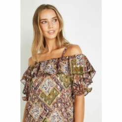 Wallis Paisley Patchwork Ruffle Cold Shoulder Dress For Female -Cheap Wallis Store unnamed file 4373