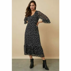 Wallis Tall Mono Spot Ruffle Sleeve Tea Dress For Female