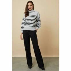 Wallis Buttoned Striped High Neck Jumper For Female
