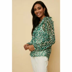 Wallis Petite Green Animal Wrap Ruffle Top For Female