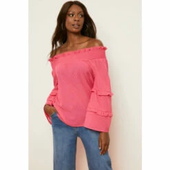 Wallis Pink Dobby Ruffle Sleeve Bardot Top For Female -Cheap Wallis Store unnamed file 5008