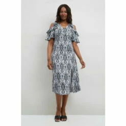 Wallis Mono Printed Cold Shoulder Dress For Female