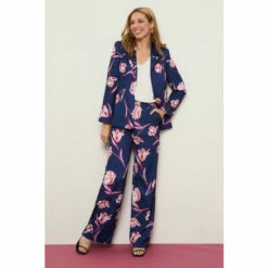 Wallis Navy Floral Print Satin Wide Leg Suit Trousers For Female
