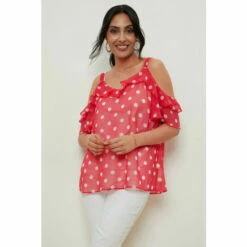 Wallis Petite Pink Spot Printed Cold Shoulder Top For Female